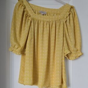 LOFT Yellow Patterned Off-Shoulder Ruffle-Sleeve Tunic